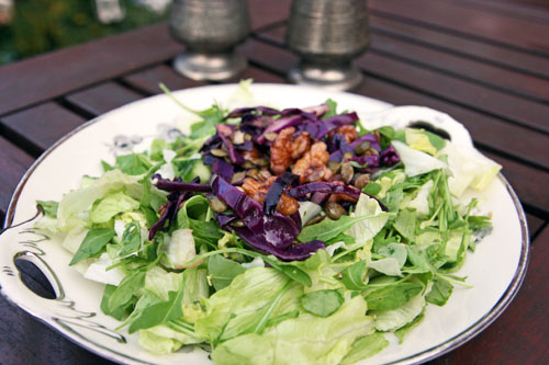 Salat med Valnødder, Rødkål, Græskarkerner og Danablu